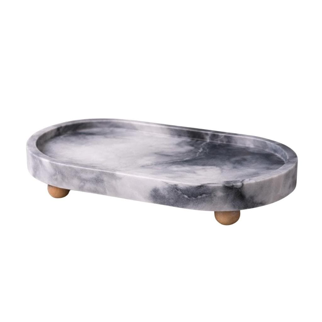 Bandeja Decorativa Oval com Pé Cinza Marmorizada 17,5x9,2cm Porta Joias Sabonete Banheiro Resina
