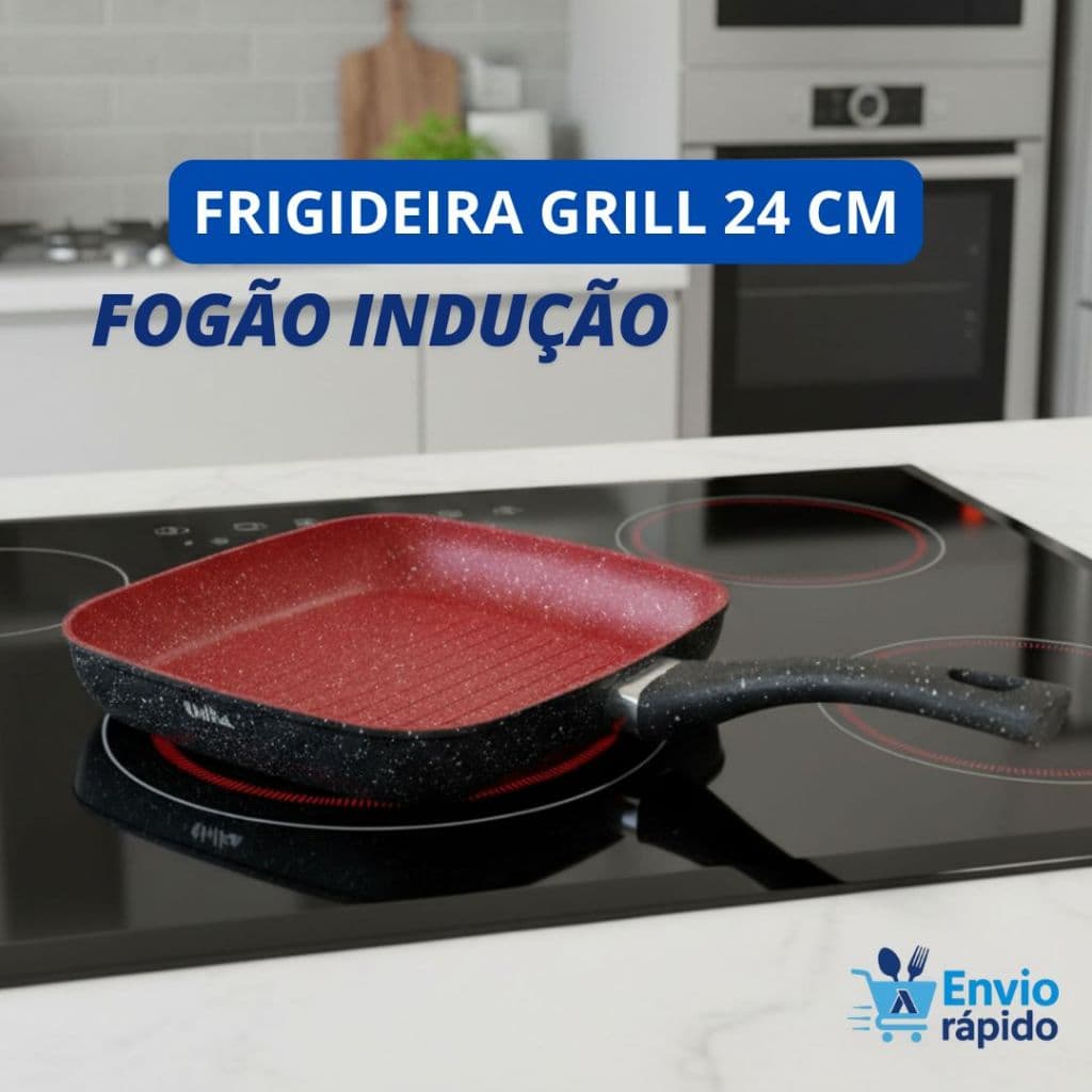 Frigideira Grill Quadrada 24 cm Antiaderente Indução Cabo Resistente Grelhar Carnes Legumes