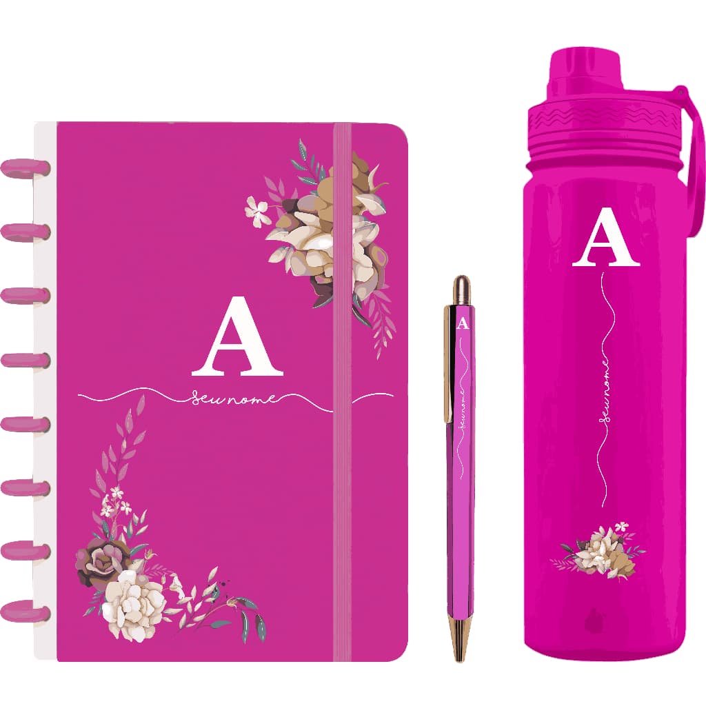 Kit Personalizados Caderno de Discos + Garrafa Fresh Térmica 550ml + Caneta - Kit Inicial - Pink - K04