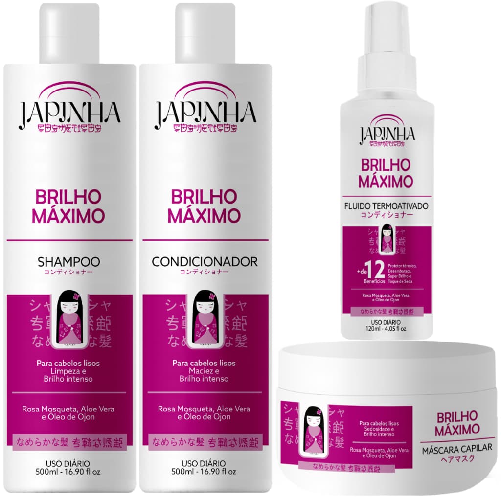 Kit Japinha Brilho Máximo | Shampoo, Condicionador, Máscara + Spray Protetor Térmico 12 em 1!