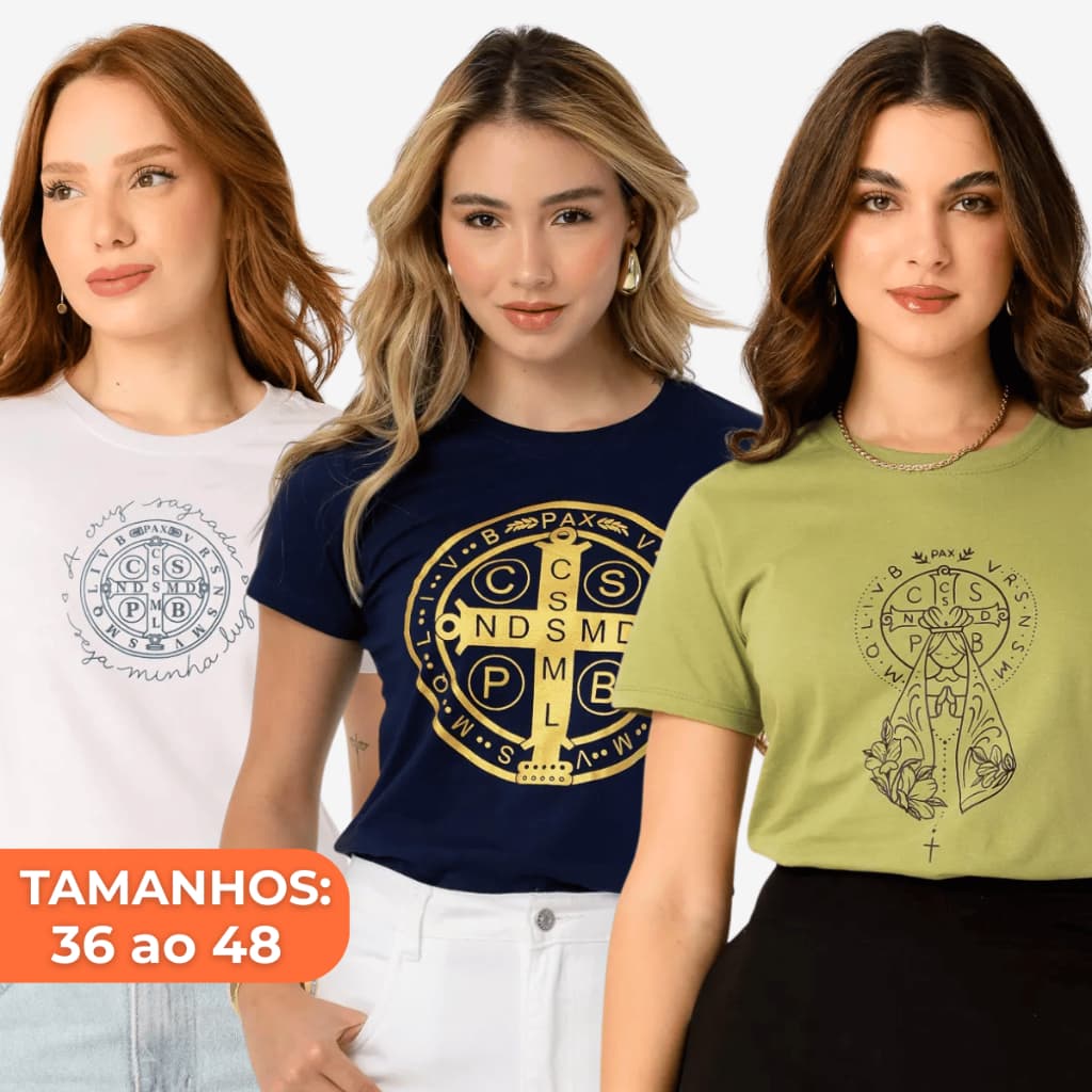 Camiseta Feminina Medalha de São Bento Religião Católica 100% Algodão Blusa Estampada