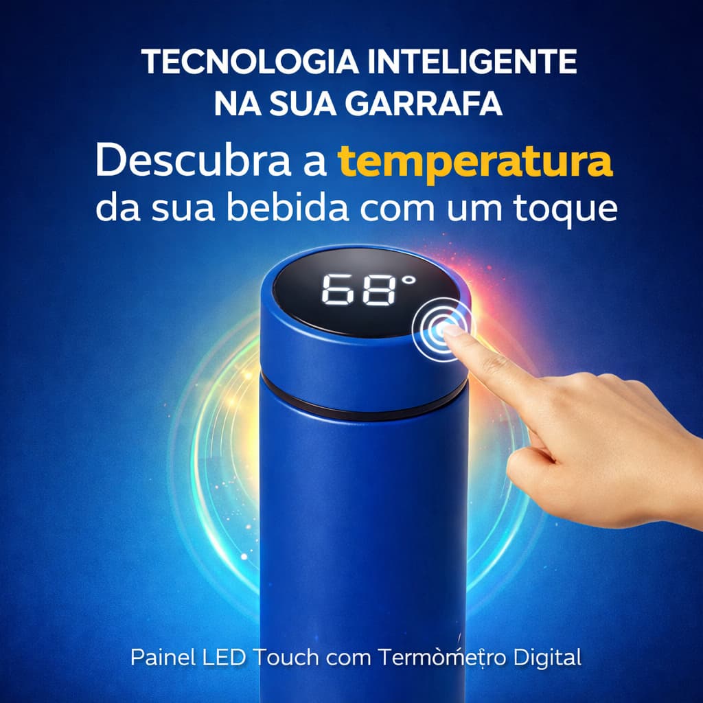 Garrafa Térmica com Termômetro LED 500ml Inox Inteligente Visor Temperatura Touch Azul