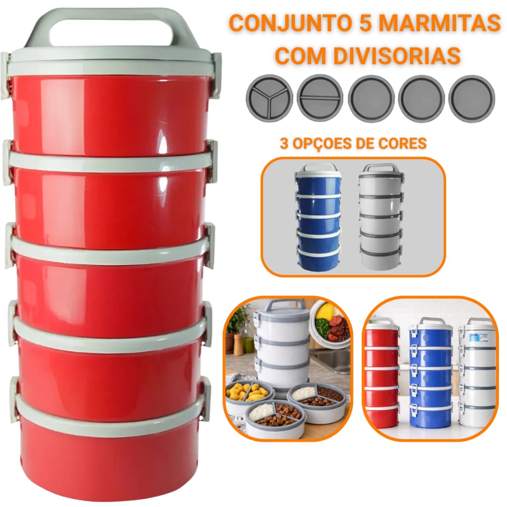 Jogo Marmita Térmica Com Presilhas e Alça Soprano 5 Peças 1,5 Litros Marmitex Potes Vermelha Soprano