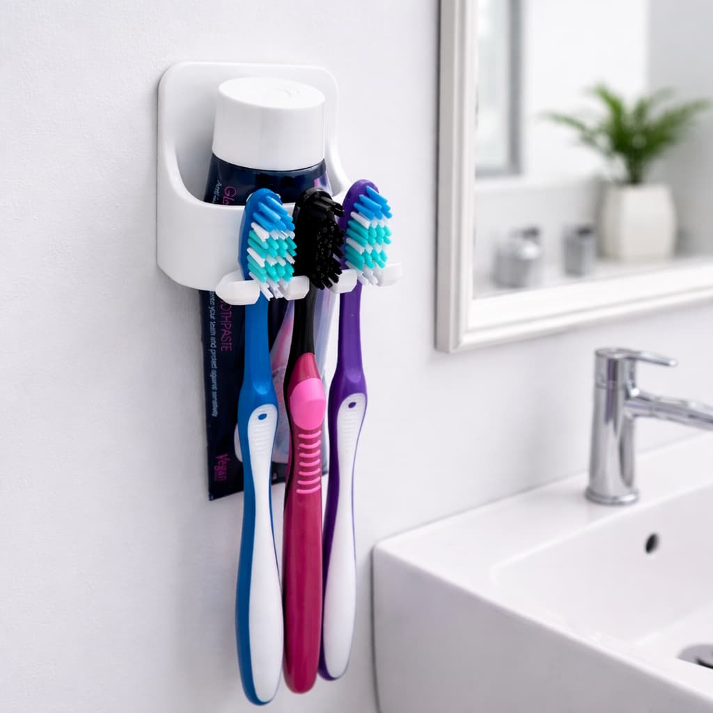 Suporte Porta Escovas de Dente com Porta Creme Dental | Fixação Sem Furo | Organizador de Banheiro Compacto e Moderno