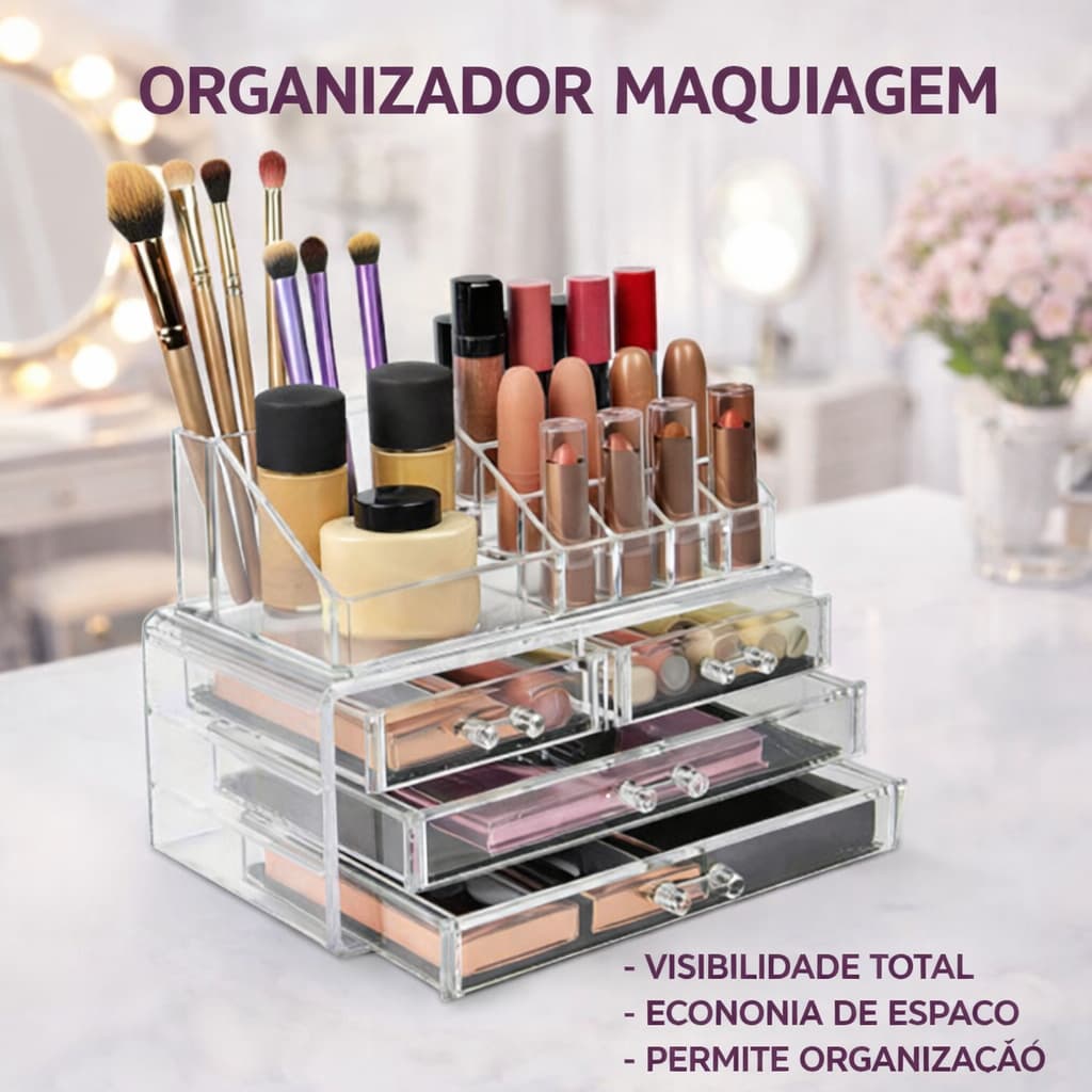 Organizador Acrilico Maquiagem Cosmeticos 4 Gavetas 16 Cavidades Porta Make Transparente Bancada