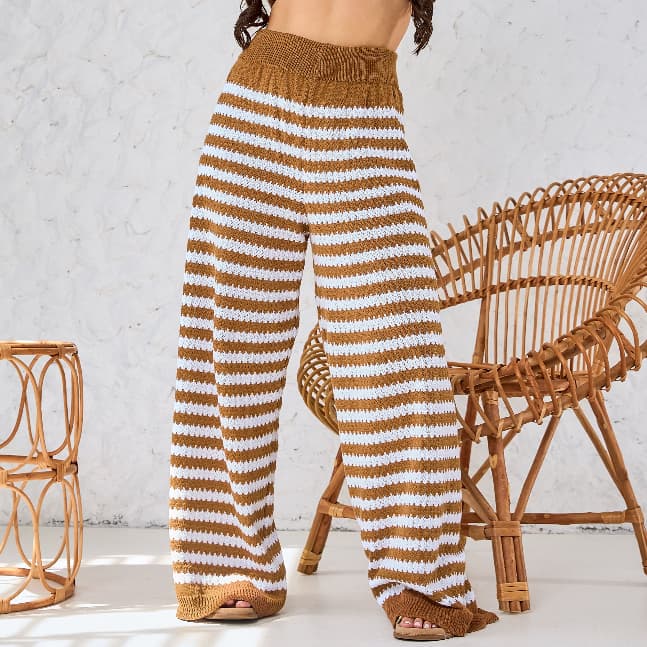 Calça Pantalona Tricot Feminino Saída de Praia Listrada Roupa Feminina Leve Tendência Verão