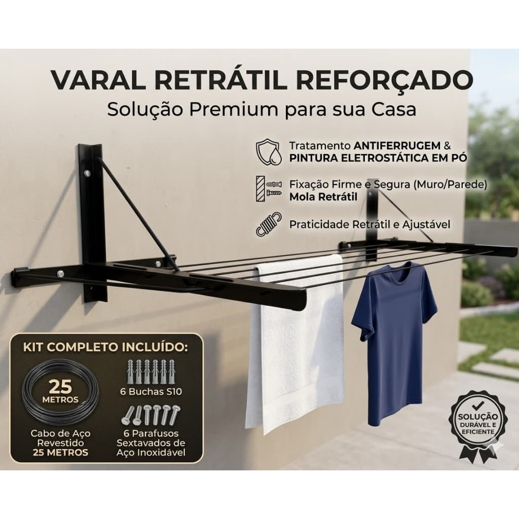 Varal de Parede Articulado Retrátil 5 Cordas Resistente Preto