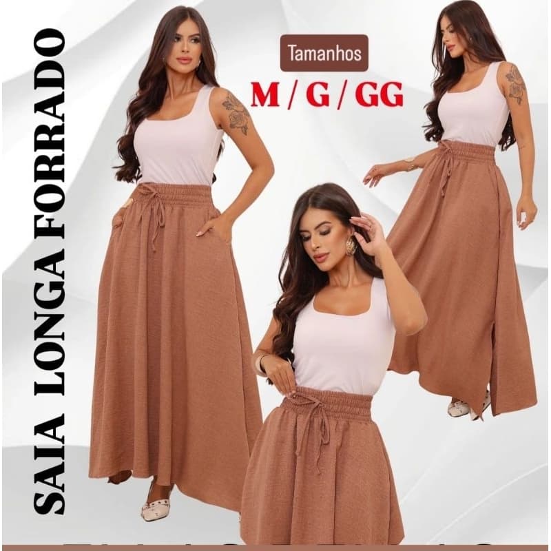 Saia Longa FORRADO  Duna linho c/ Fenda e bolso funcionais moda elegante