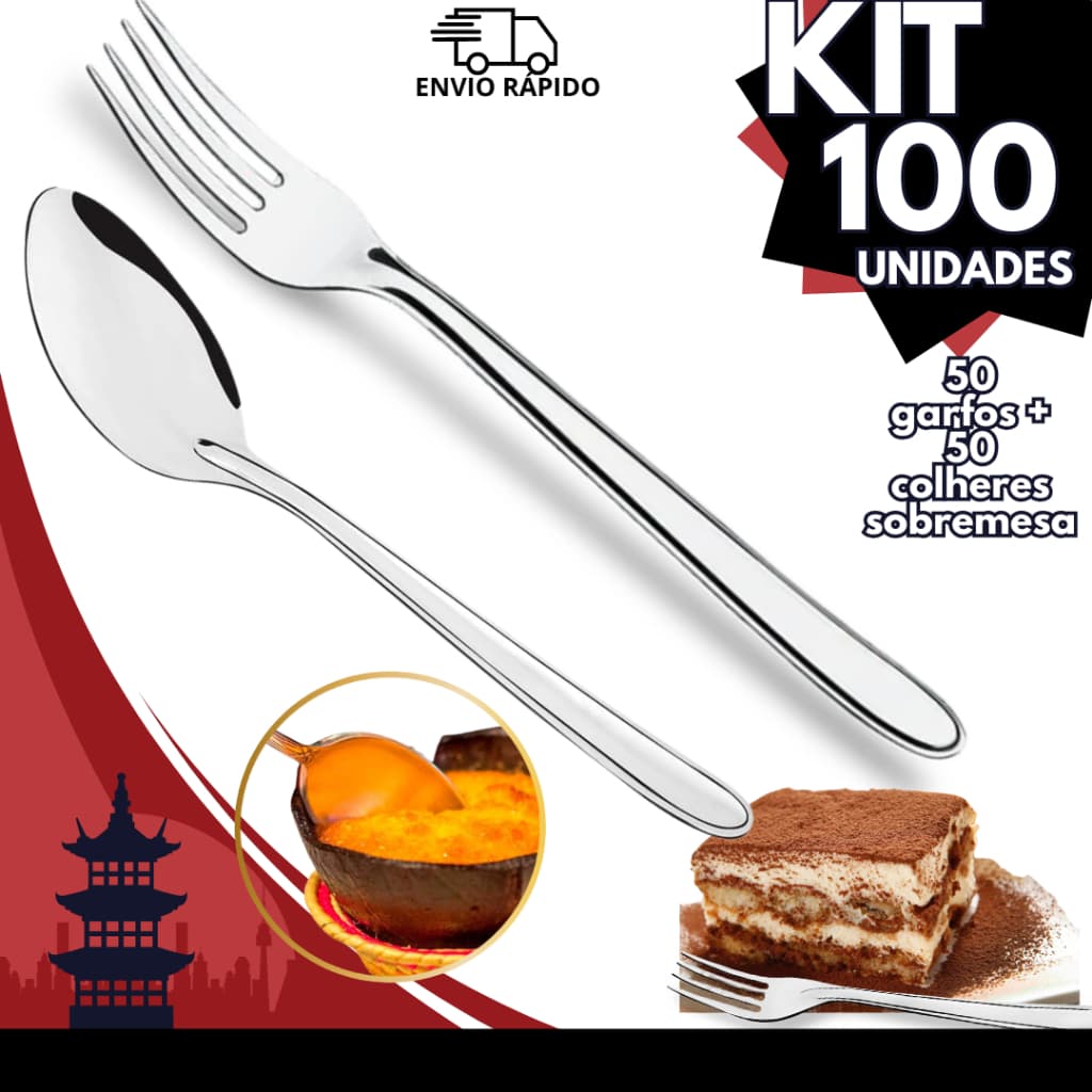 Colher e Garfo Sobremesa Kit 100 Unidades 50 Colheres 50 Garfos Restaurante Doce Cozinha