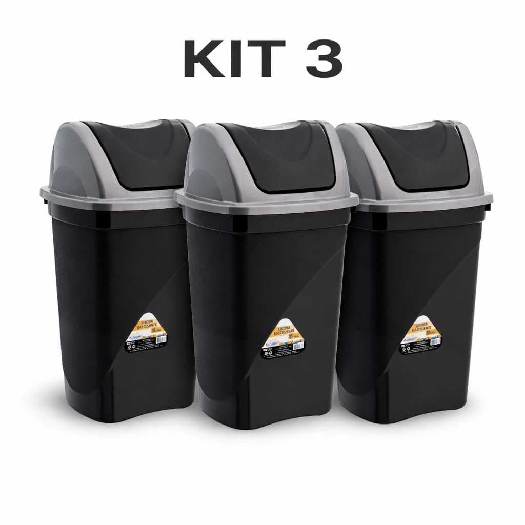 Kit 3 Lixeira Basculante Plástica Cozinha Tampa Prática Resistente Banheiros Escritório 9L 15L 30L