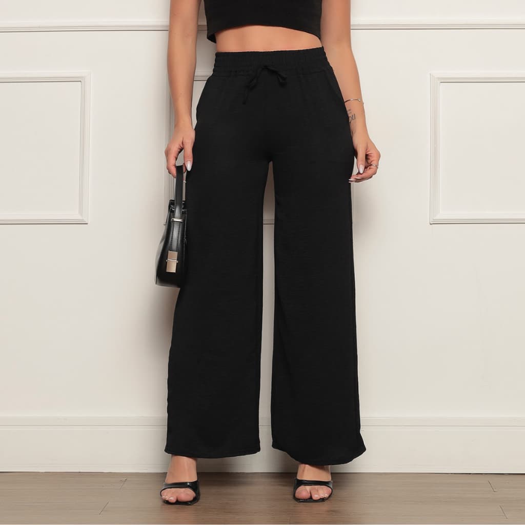 Calça Pantalona Feminina Cintura Alta Com Bolso Tecido Duna