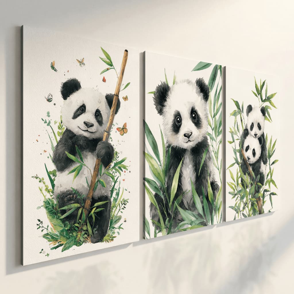 Quadros Decorativos Infantil Panda Kit 3 Peças Bambu Animais Fofo Quarto Bebê Menino