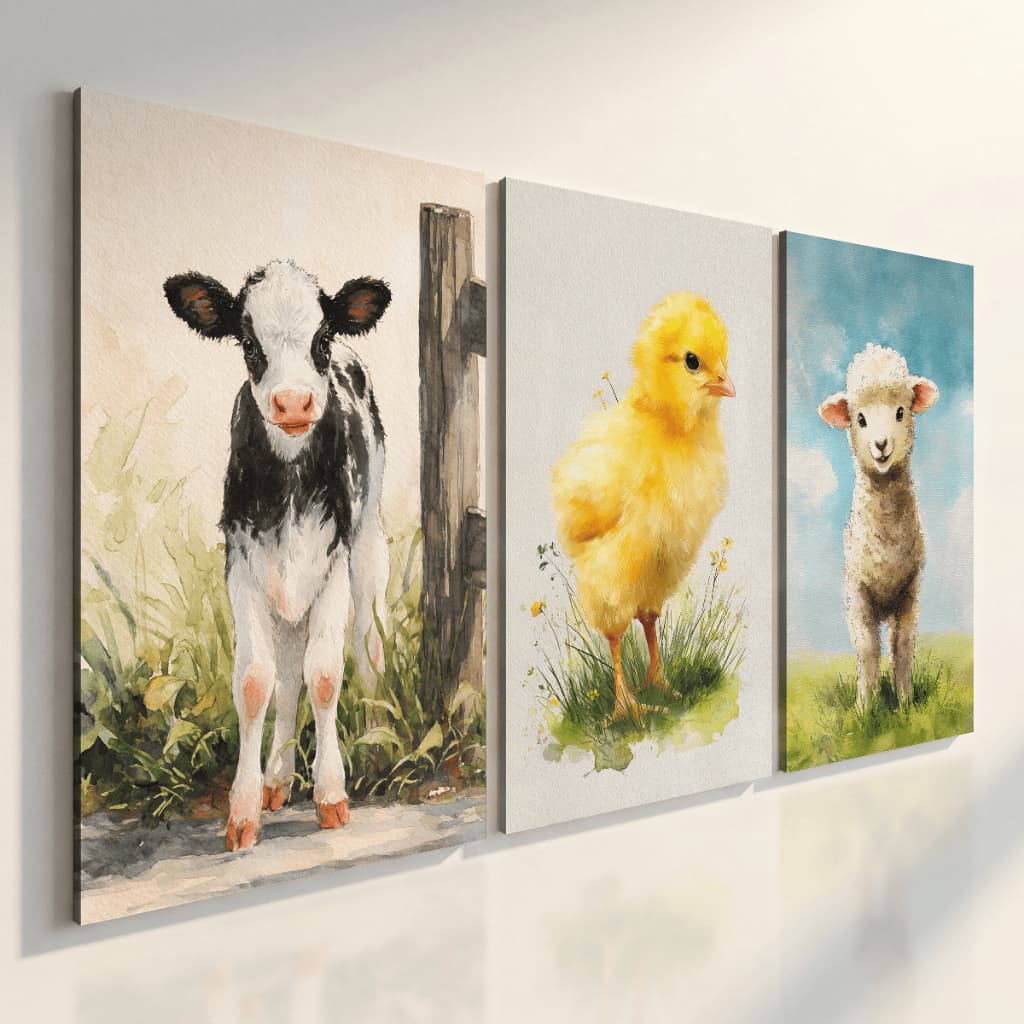 Quadros Decorativos Infantil Fazenda Kit 3 Peças Vaquinha Pintinho Ovelha Quarto Bebê