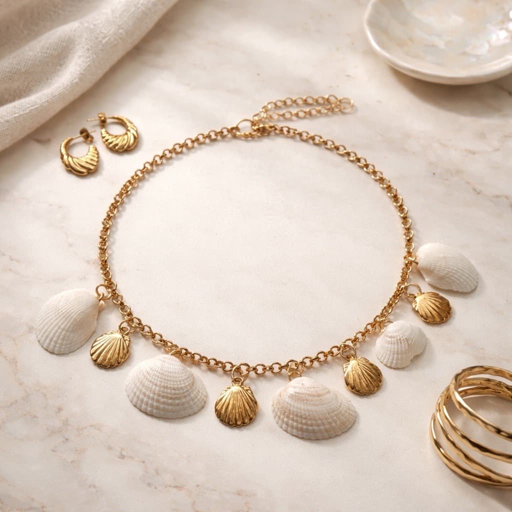 Conjunto Com 3 peças Pingente Colar Pulseira Bracelete De Concha Buzios Estrela Do Mar Bijuteria