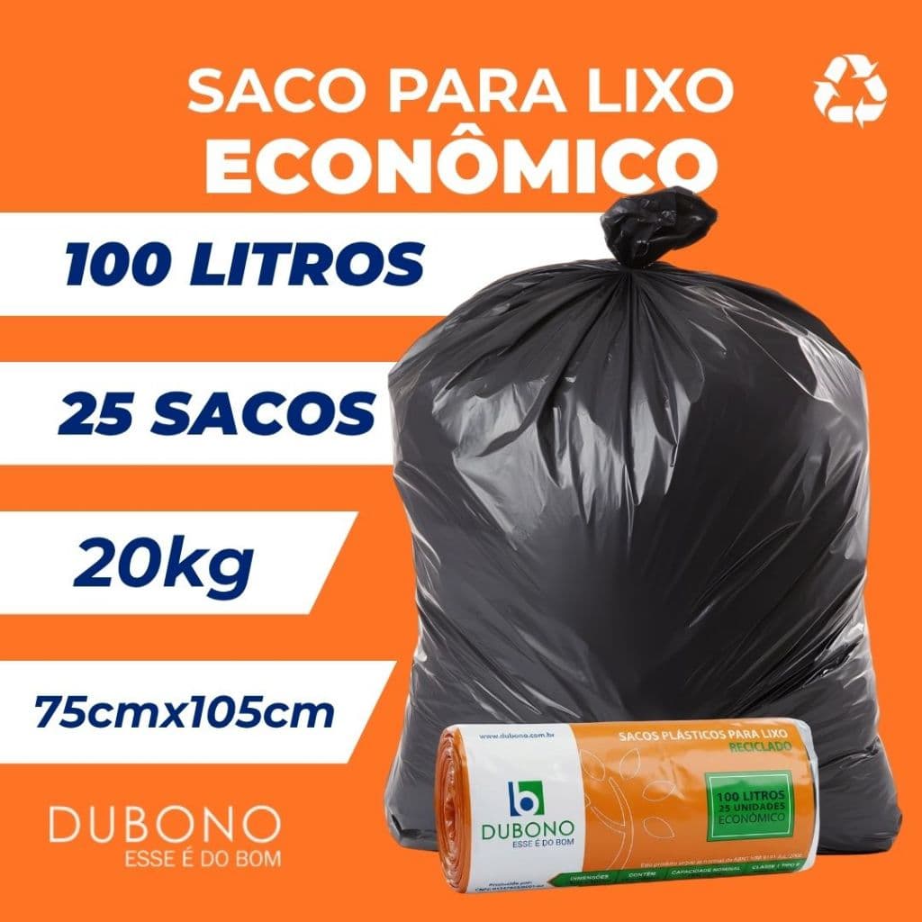 Saco De Lixo Econômico Reforçado 100 Litros 20 KG 25 Unidades Sustentável