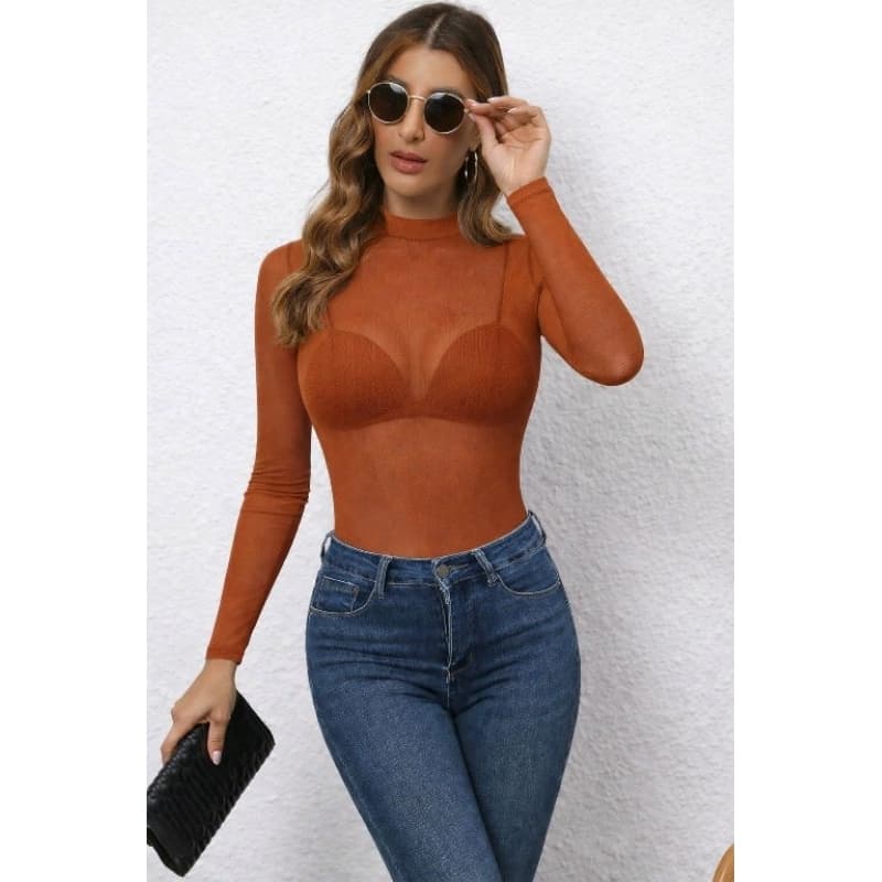 Body Feminino em Microtule Cor Telha Manga Longa Decote Fechado para Sobreposição com Efeito Tam Único PP ao M 34-38