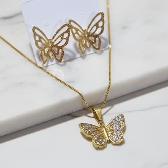 kit Colar e Brinco Feminino Pingente de borboleta Cordão dourado Corrente Fina Semijoia Folheado a Ouro joias femininas