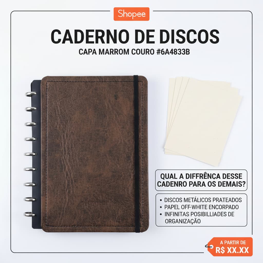 Caderno de Disco Reposicionável M Couro Marrom | Capa Dura | 80 Folhas 90g | 9 Discos Metálicos + Elástico