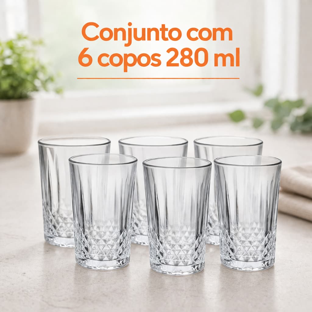 Copos Vidro Transparente Grande Design Moderno Água Suco Oferta Conjunto 6 unidades 280ml