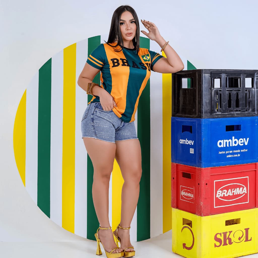 T-shirt Feminina Brasil Listrada Copa Mundo Camiseta Baby Look Blusa Manga Curta Verde Amarelo Torcida