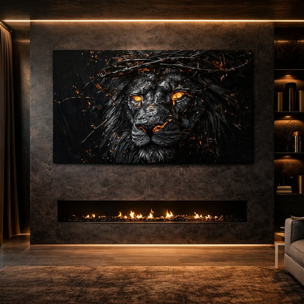 Quadro Decorativo Contemporâneo Com Arte Impactante Leão Negro com Olhos Fumegantes em Fogo Luxo