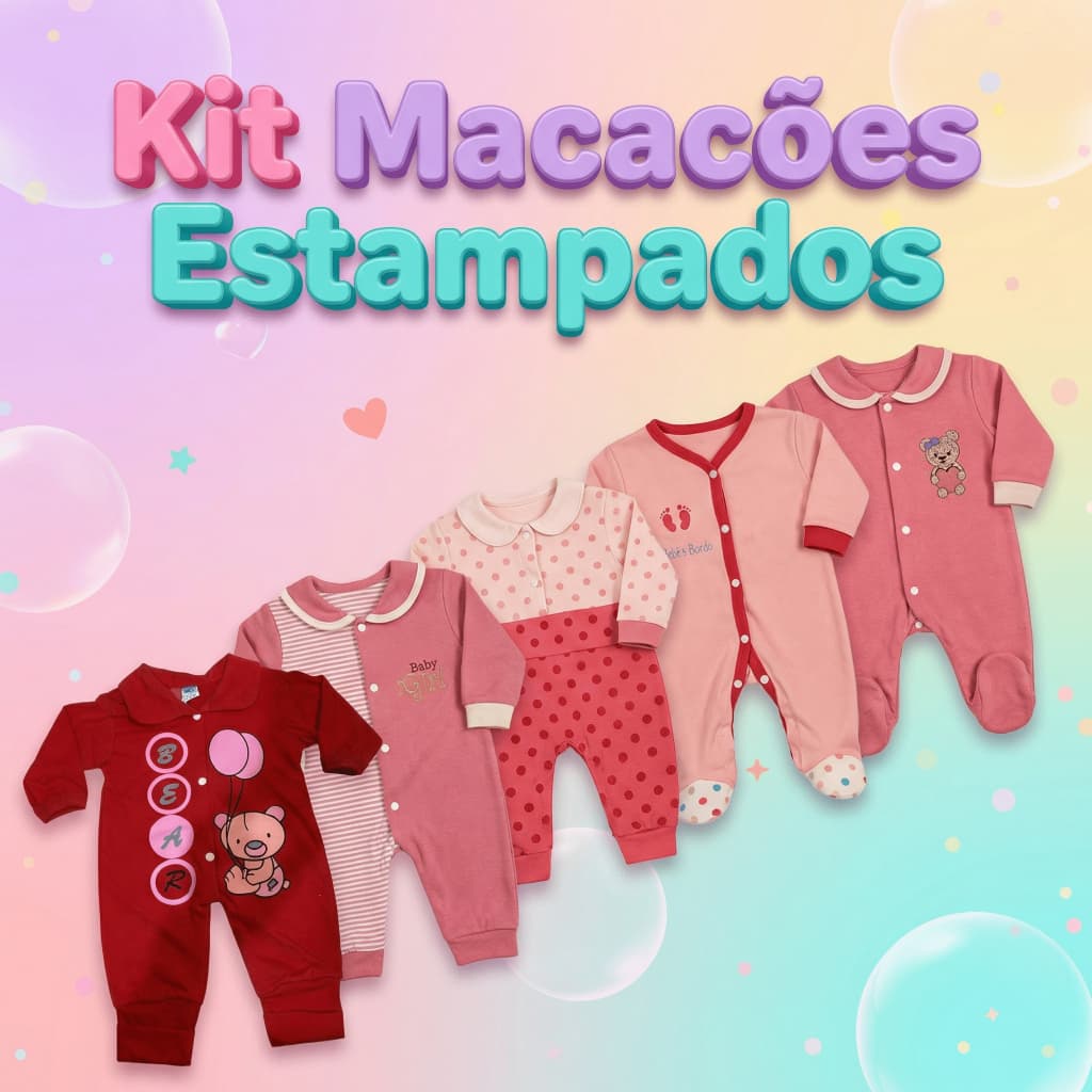 Macacão Kit 5 Menina Bebê Estampado Longo Algodão Macio Confortável Inverno Enxoval Macacões P M G