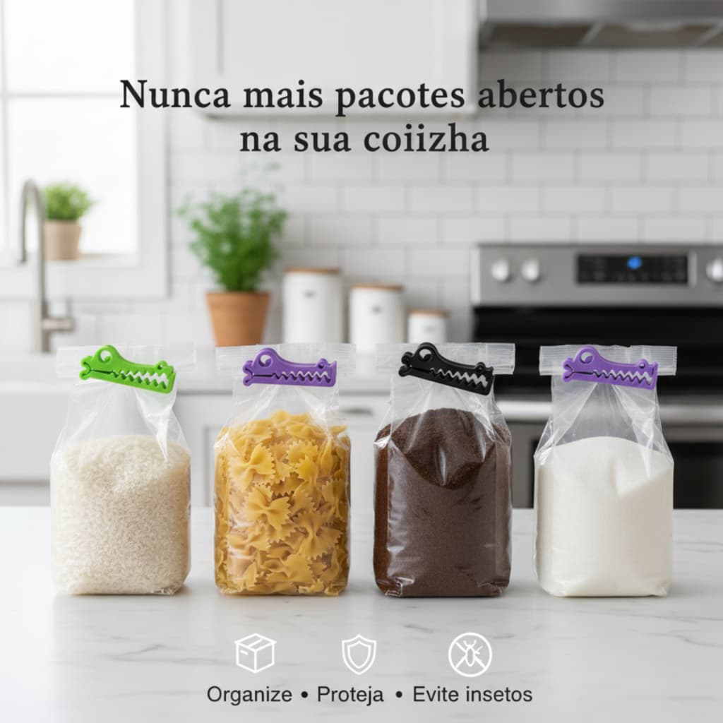 Kit Prendedor de Embalagens Reutilizável Fecha Saco Alimentos Vedação Cozinha