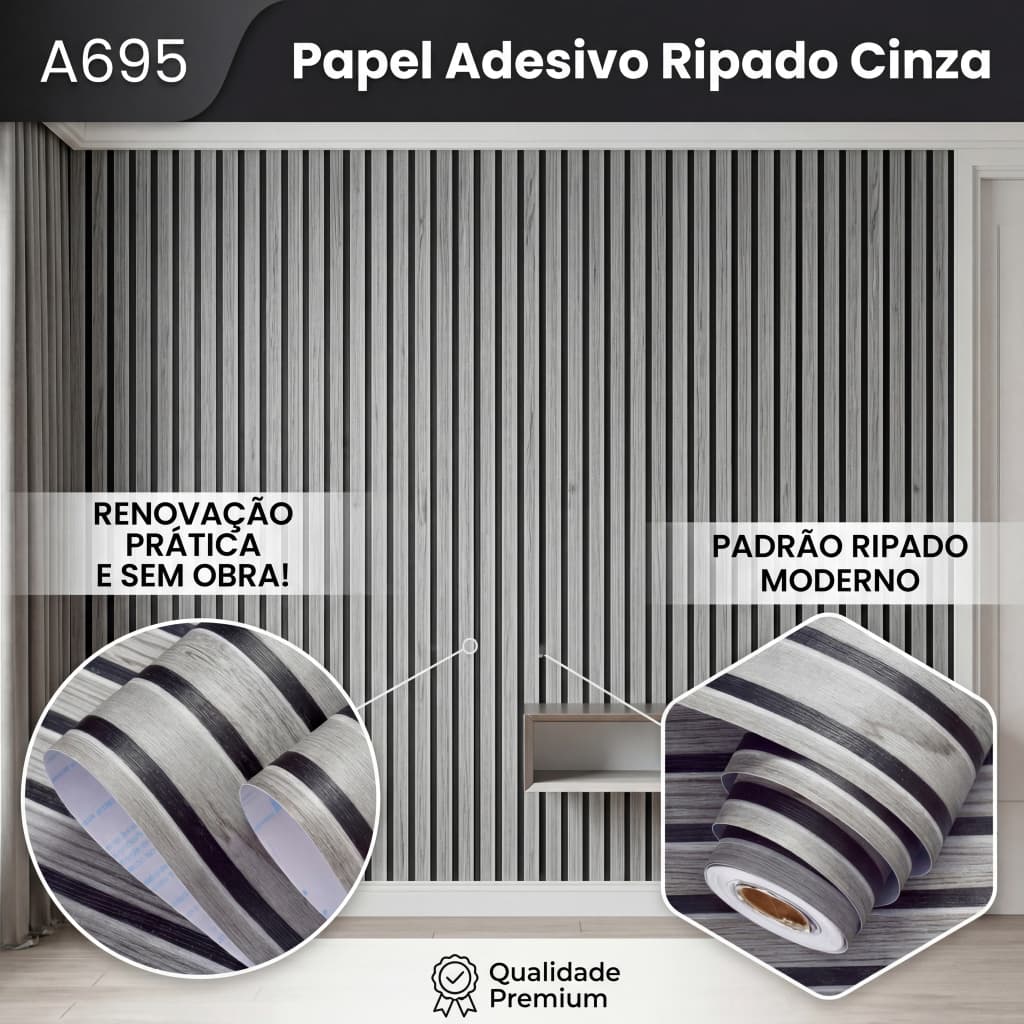 Papel De Parede Adesivo Ripado 3D Cinza Claro Vinil Lavável 5m