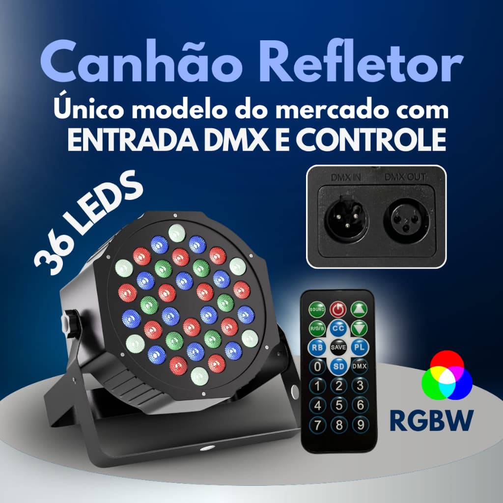 Canhão Refletor 36 Leds Refletor Rgbw com Controle Remoto Dmx Bivolt Digital Slim