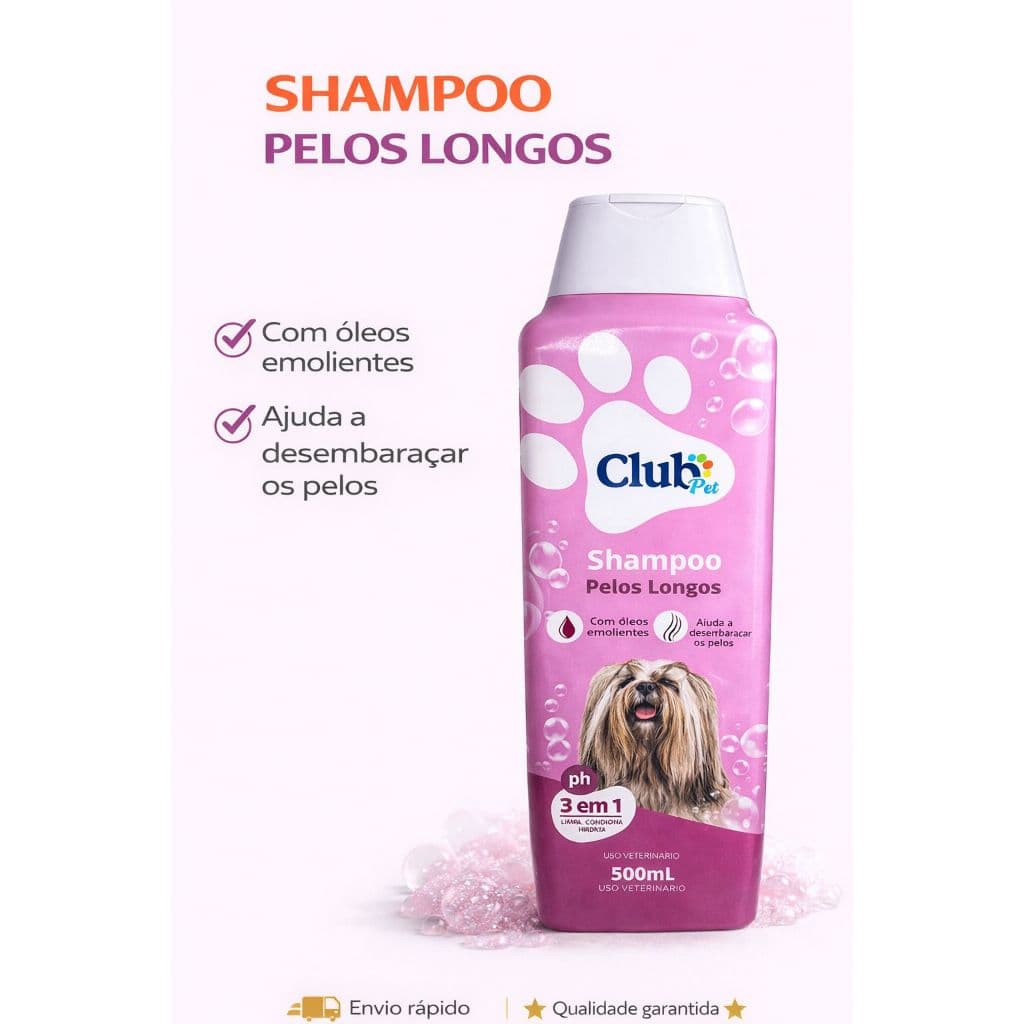 Shampoo para Pelos Longos Club Pet 3 em 1 – Com Óleos Emolientes, Desembaraça e Hidrata – 500ml