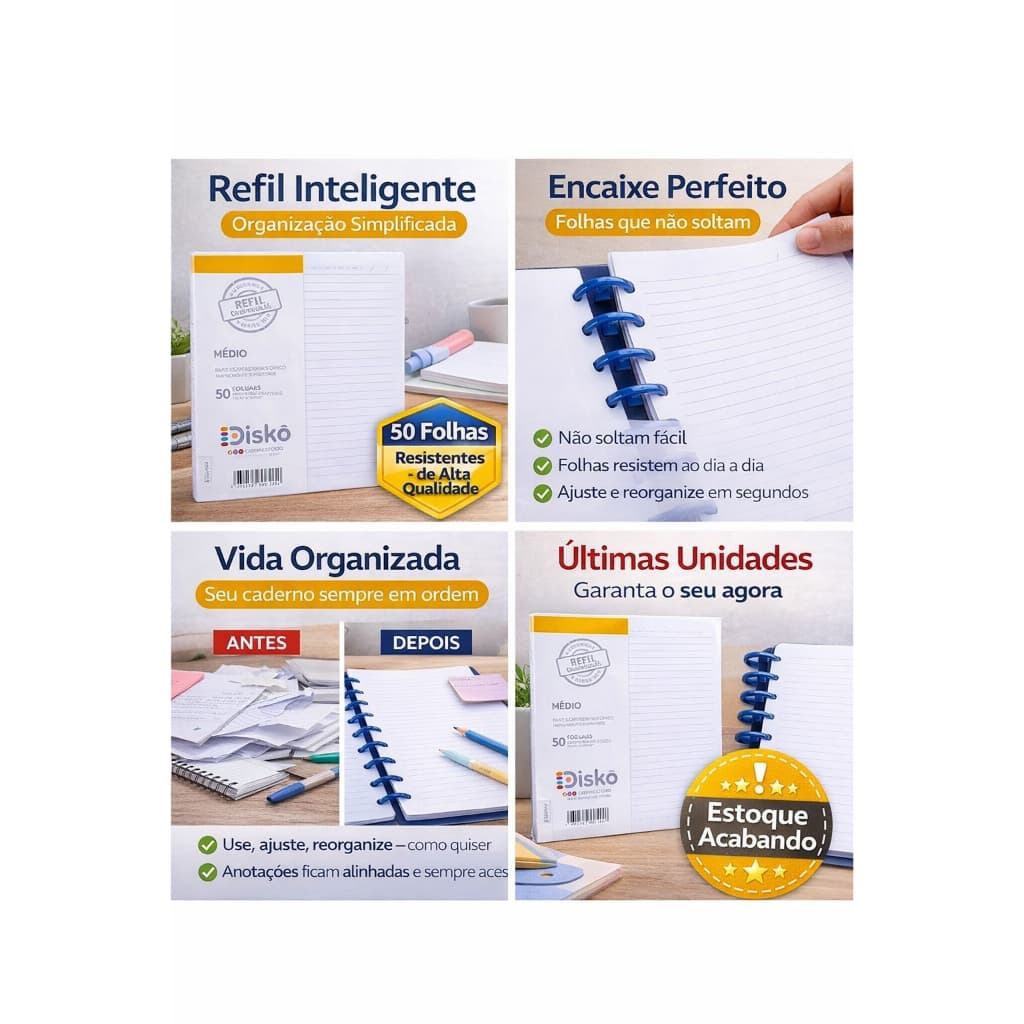 Refil Caderno Inteligente Médio Pautado | 50 Folhas Sistema Disco Removível Alta Qualidade