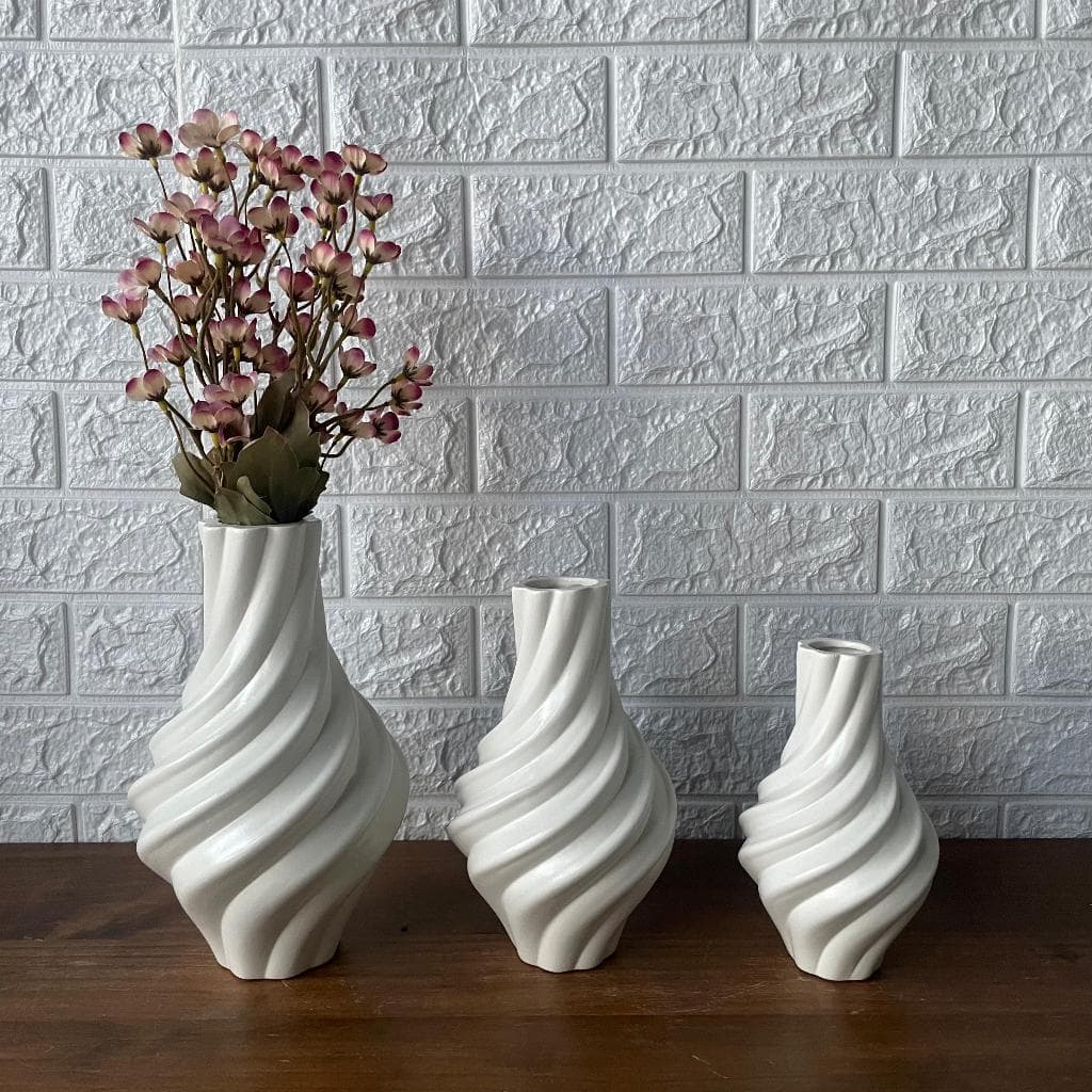 Kit 3 Vasos Decorativos Cerâmica Espiral Off White Moderno Sala Luxo