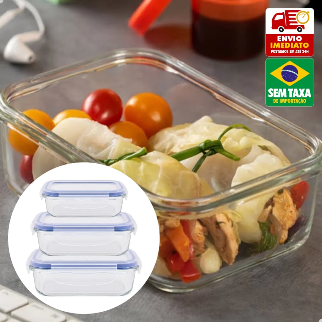 Kit 3 Marmitas Vidro Hermético Tampa Trava 370ml 640ml 1040ml Microondas Freezer