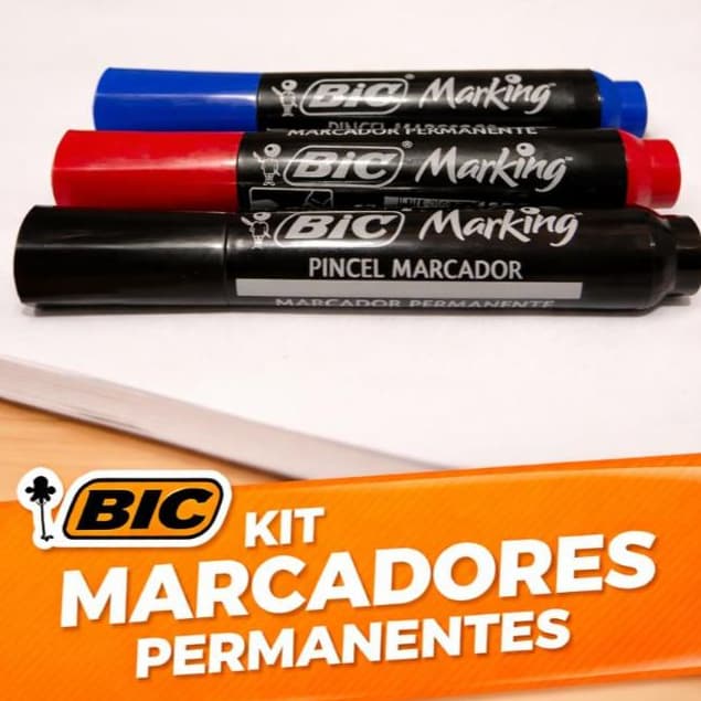 Kit 3 Canetas Marcadores BIC Pincel Atômico Permanente, preto, azul e vermelho Ideal para Escritas Grandes Cartaz Escola