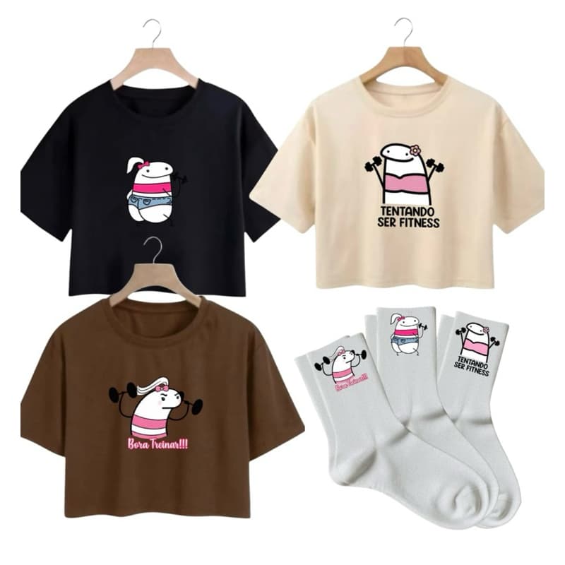 Kit 3 Cropedd E 3 Pares De Meias Estampa Flork Academia Fresquinho Versátil