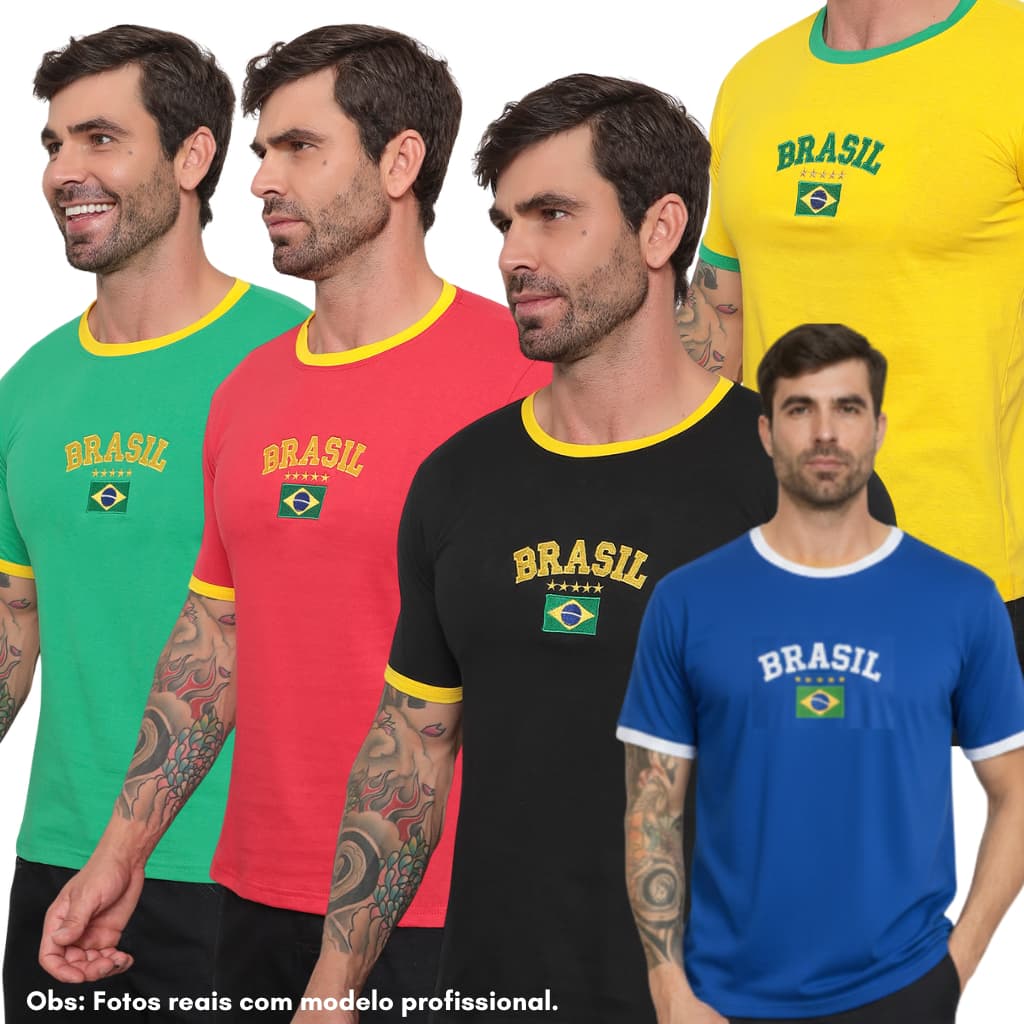 Blusa Camisa Brasil Bordada Bandeira Copa do Mundo Seleção Brasileira Adulto Algodão