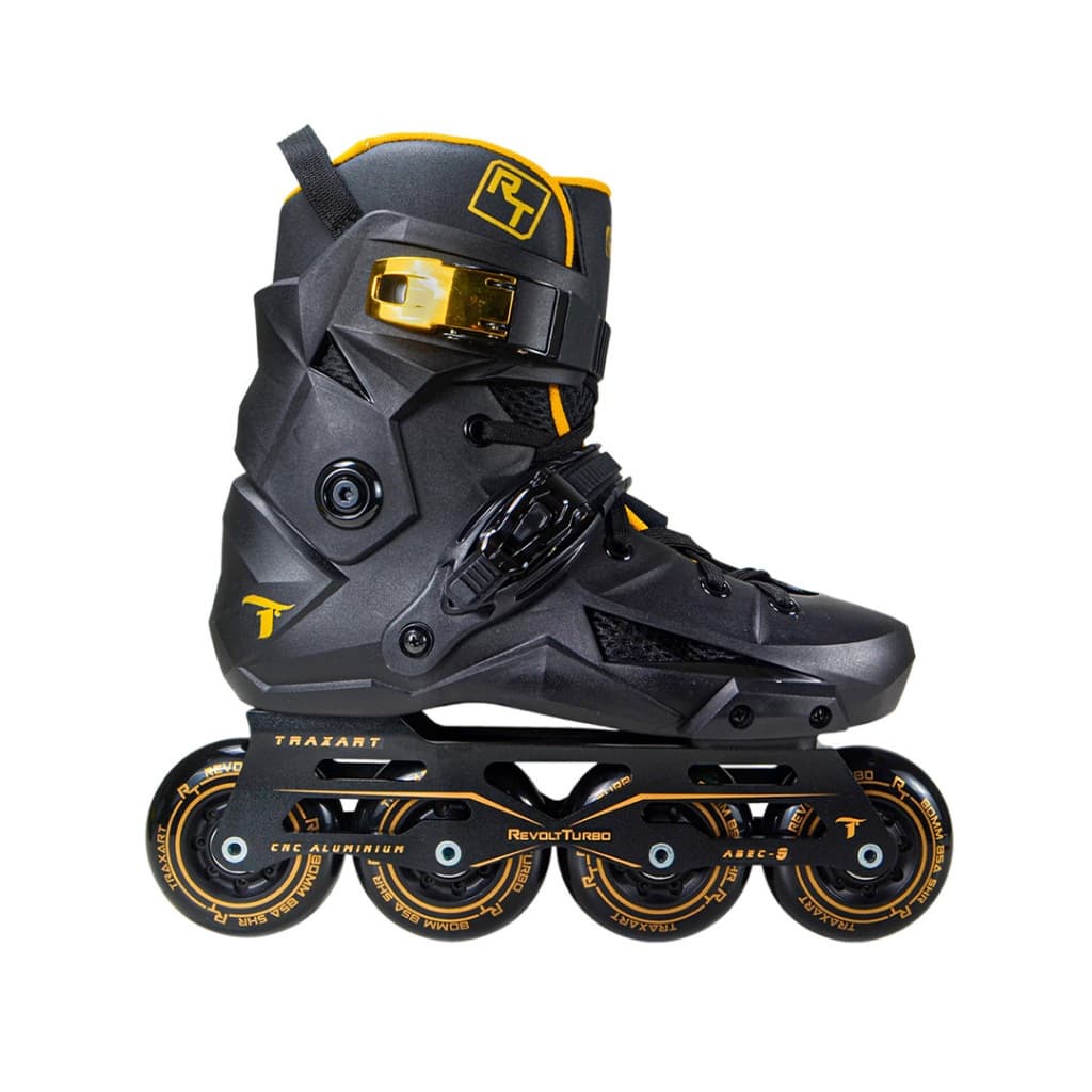 Patins Revolt Turbo Inline Traxart Freestyle Black Gold Rodas 80mm Abec 9 Cromo Profissional Roller