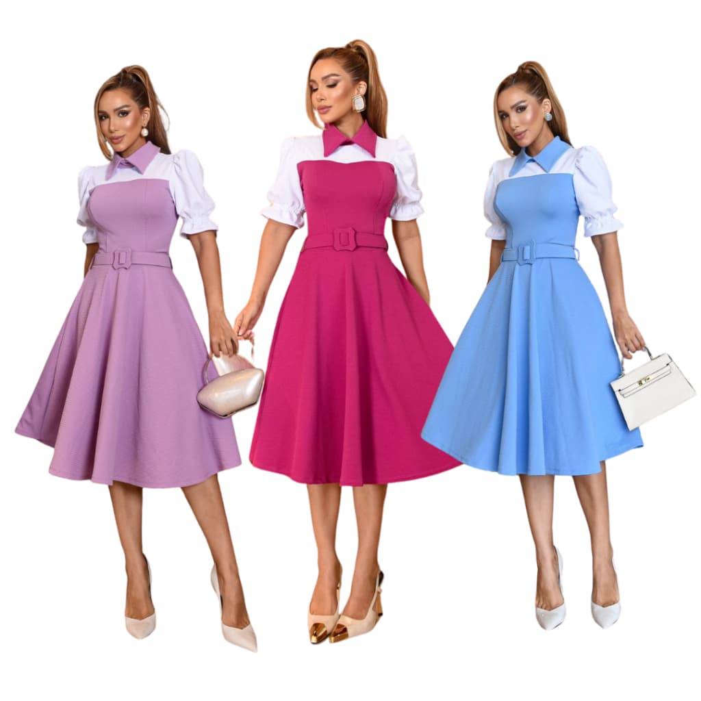 Vestido Feminino Manga Bufante e Gola Polo Com Cinto Elegante e Modesto