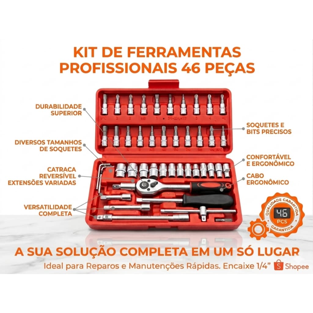 Kit De Ferramentas 46 Peças Jogo De Soquetes Chave Catraca Reversível Com Maleta Jogo De Ferramentas
