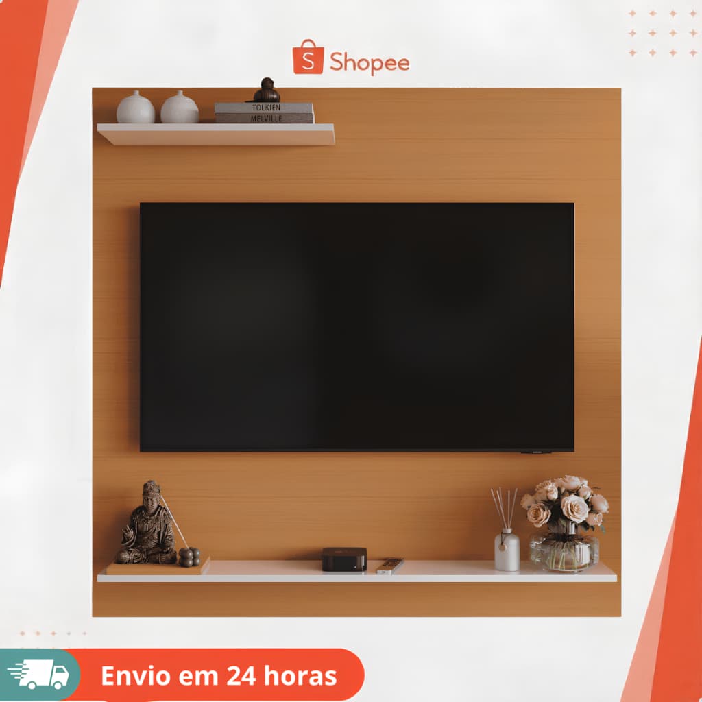 Painel para Tv até 32 Polegadas Prateleira Nicho Quarto Sala MDF Luxo Rack Smart Off White Ripado