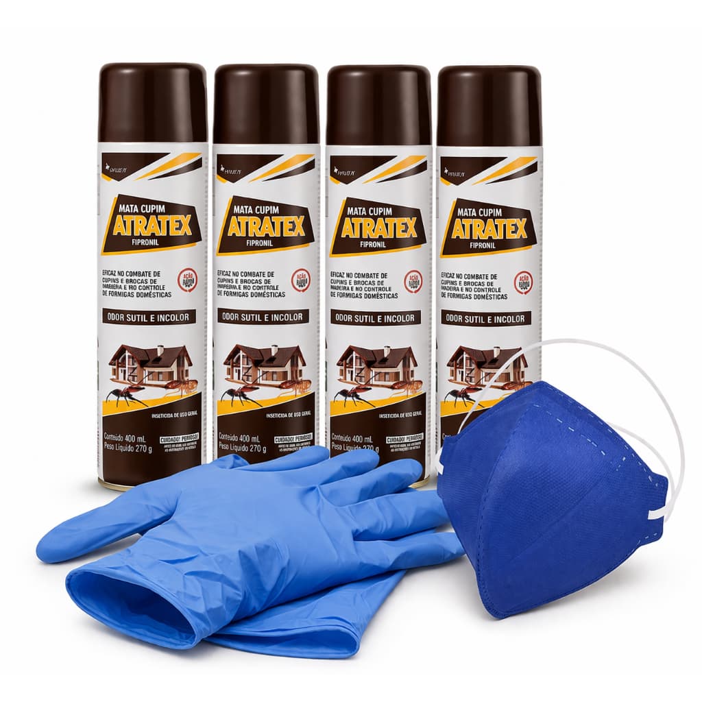 Kit 4 Inseticida Mata Cupim e Formiga 400ml Atratex Aerossol + Fipronil + Luvas + Máscara Proteção
