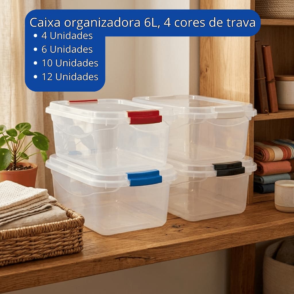 Caixa Organizadora 6 Litros Trava Colorida Brinquedo Ferramentas Comida Armazenamento