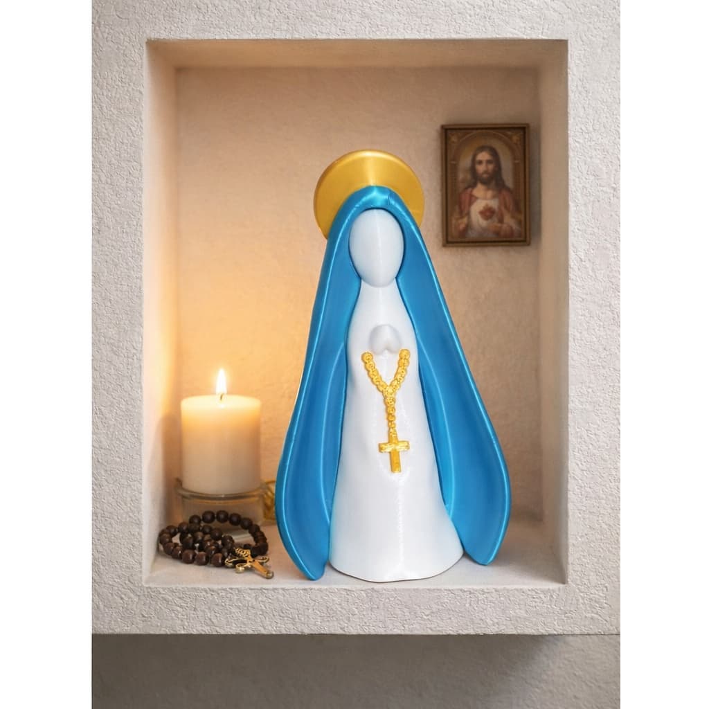 Escultura Decorativa Nossa Senhora com Manto Azul e Halo Dourado
