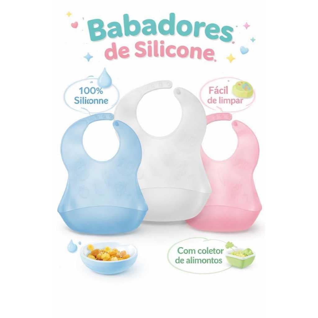 Babador De Silicone Alta Qualidade Lavável  Com Pega Migalhas