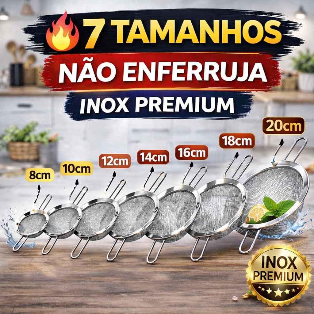 Peneira Inox Malha Fina Profissional 8 a 20cm | Não Enferruja | Coar, Peneirar, Escorrer