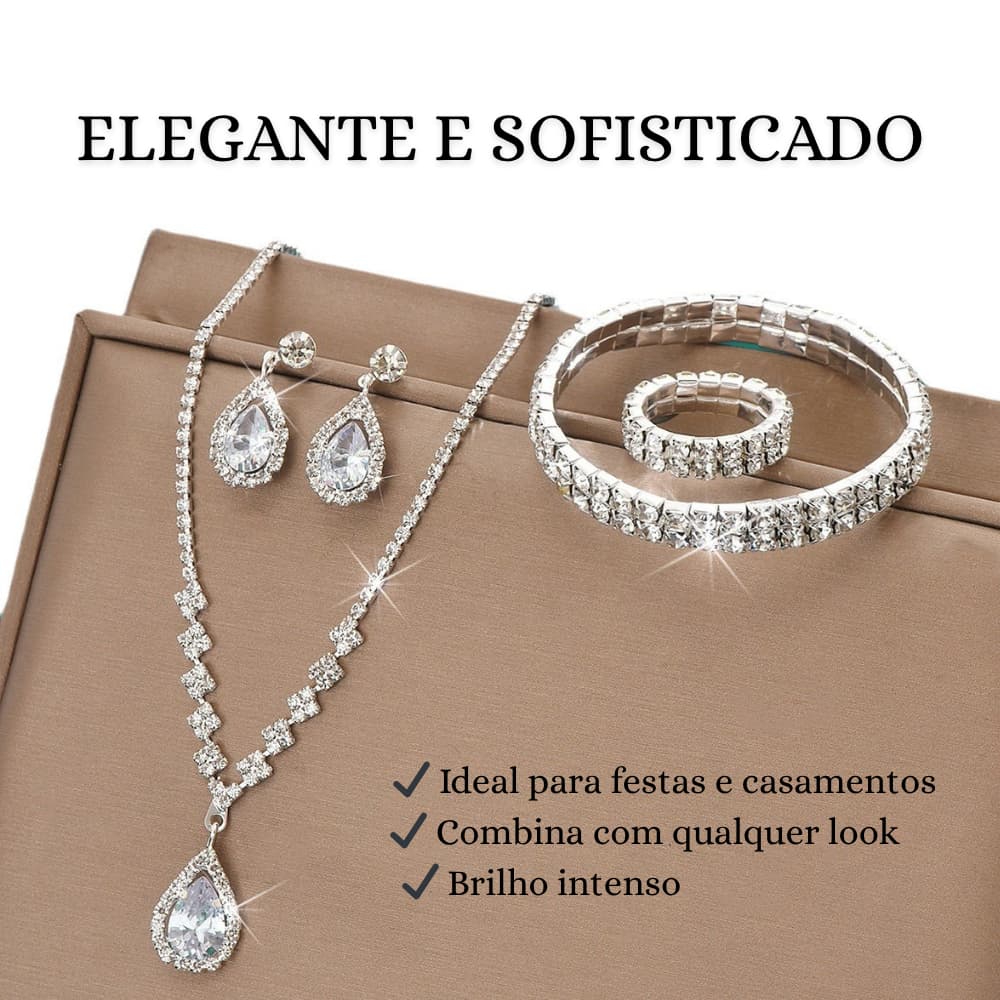 Conjunto de Joias Femininas Gota D’Água Colar Brincos Pulseira Anel Festa