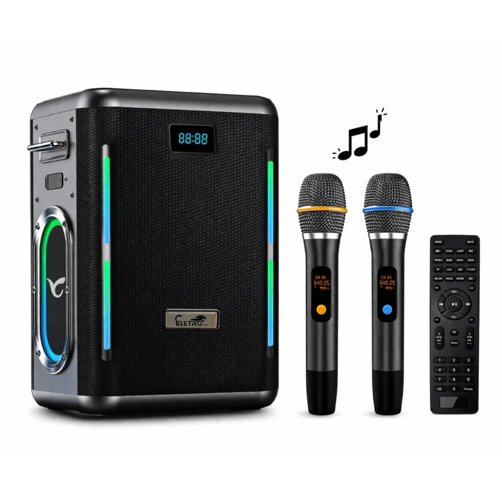 Caixa De Som Bluetooth  Karaoke 2 Microfones 500w Graves Alto Com Efeito Power Bank e Flash de Luz Resistente A Agua