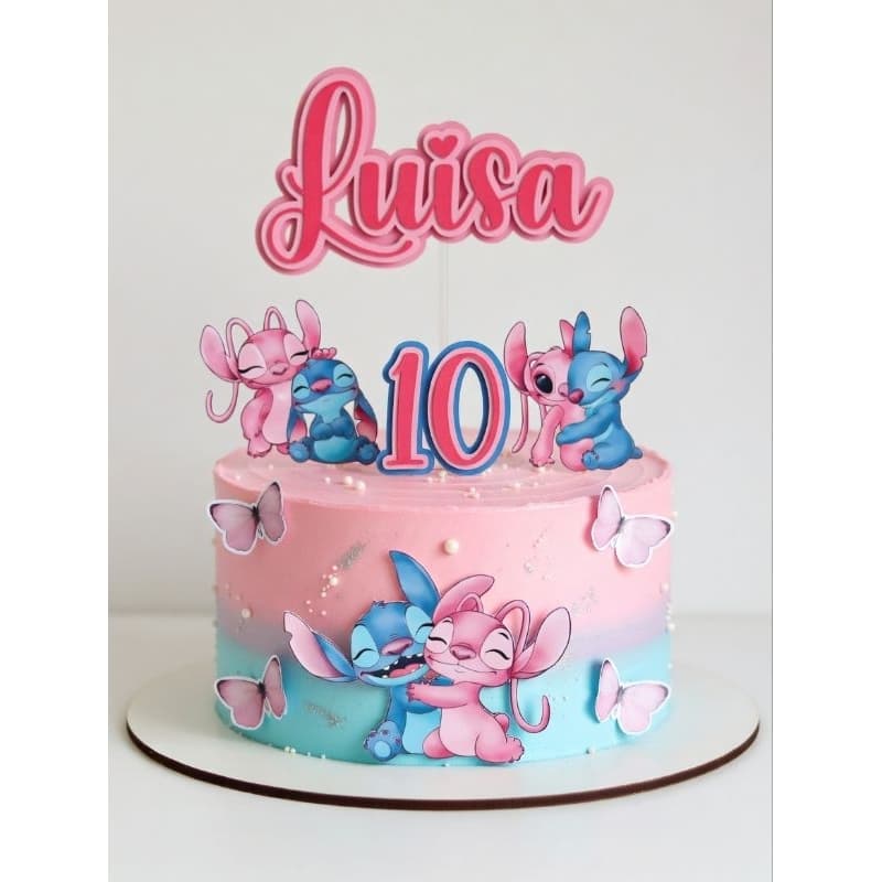 Topo de Bolo Stitch e Angel Personalizado com Nome e Idade | Decoração de Bolo Festa Infantil Stitch e Angel Menina