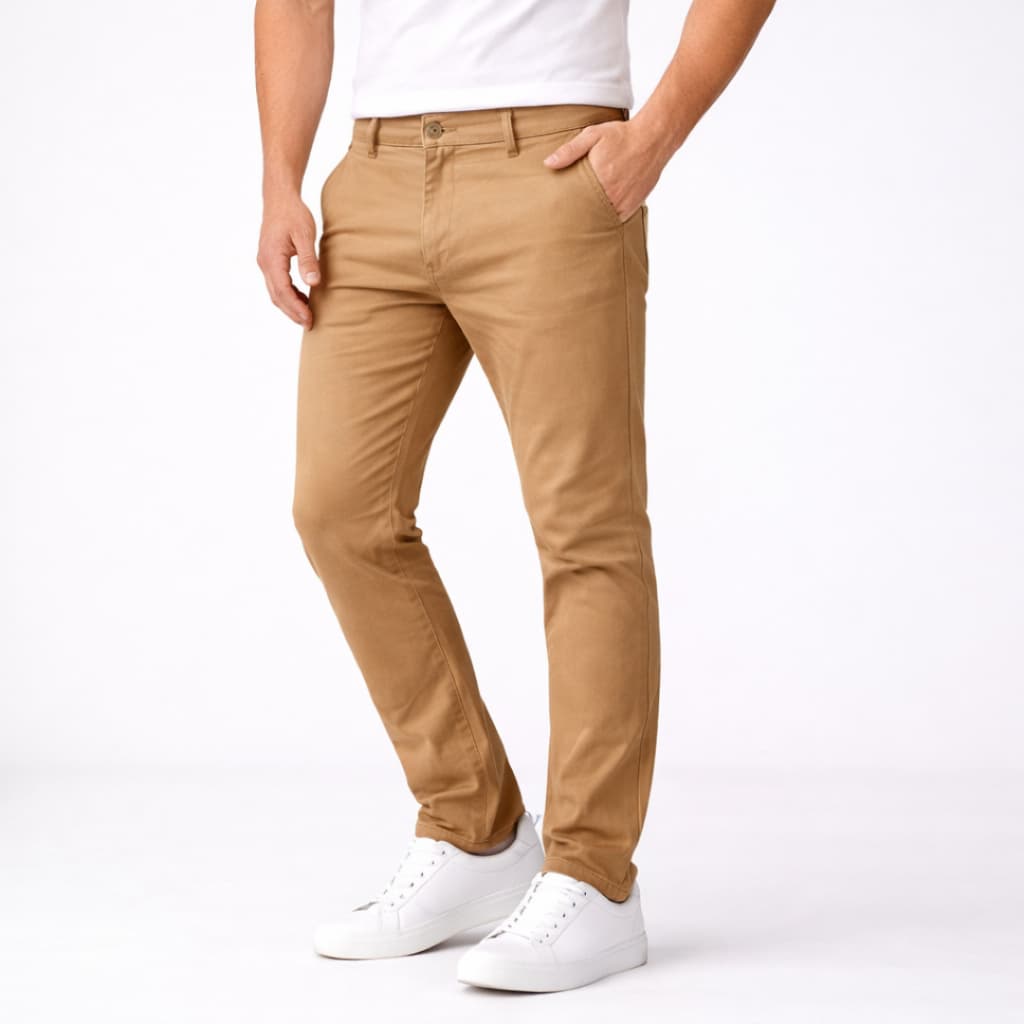 Calça Masculina Bege Carteiro Slim Fit Sarja com Elastano Confortável Casual Premium