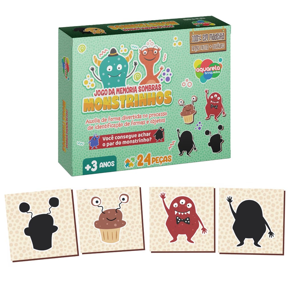 Jogo da Memória Sombras Monstrinhos 24 Peças em Madeira Pedagógico Educativo Aquarela Brinquedos